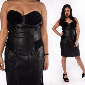 Vintage 1980s Leather Bustier & Skirt Set - 80s Black Medium
